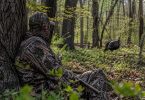 Hunter wearing camouflage while sitting against a tree and watching a wild turkey in a wooded area