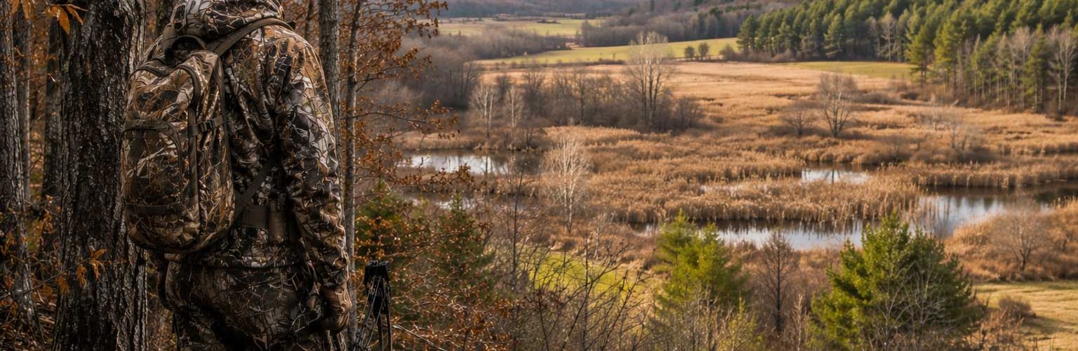 Hunter in camouflage overlooking a landscape with forest, wetlands, and open fields.