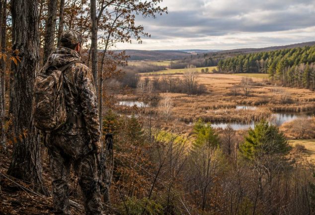 Hunter in camouflage overlooking a landscape with forest, wetlands, and open fields.