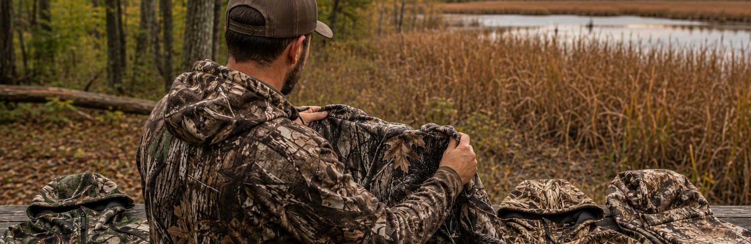 Hunter comparing several camouflage jackets beside a marsh and woodland landscape