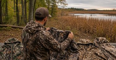 Hunter comparing several camouflage jackets beside a marsh and woodland landscape