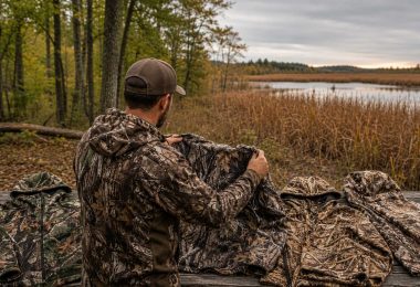 Hunter comparing several camouflage jackets beside a marsh and woodland landscape