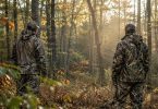 Two hunters wearing woodland camouflage stand in a forest during early morning light.