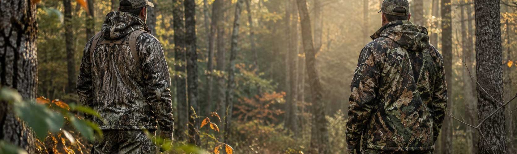 Two hunters wearing woodland camouflage stand in a forest during early morning light.