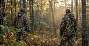 Two hunters wearing woodland camouflage stand in a forest during early morning light.