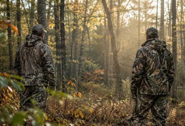 Two hunters wearing woodland camouflage stand in a forest during early morning light.