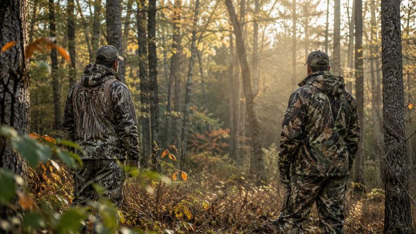Two hunters wearing woodland camouflage stand in a forest during early morning light.
