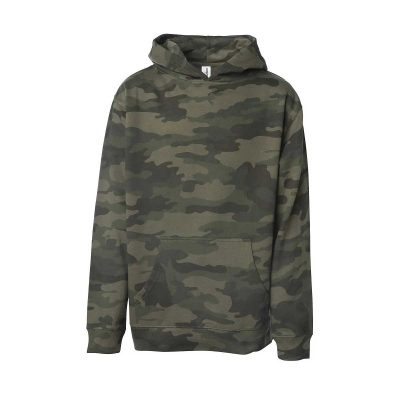 Woodland camouflage fleece pullover hoodie with front kangaroo pocket on a white background.