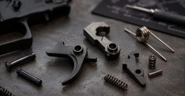 AR-15 fire control group components including trigger, hammer, disconnector, springs, and pins