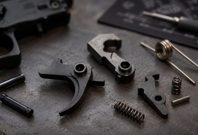 AR-15 fire control group components including trigger, hammer, disconnector, springs, and pins