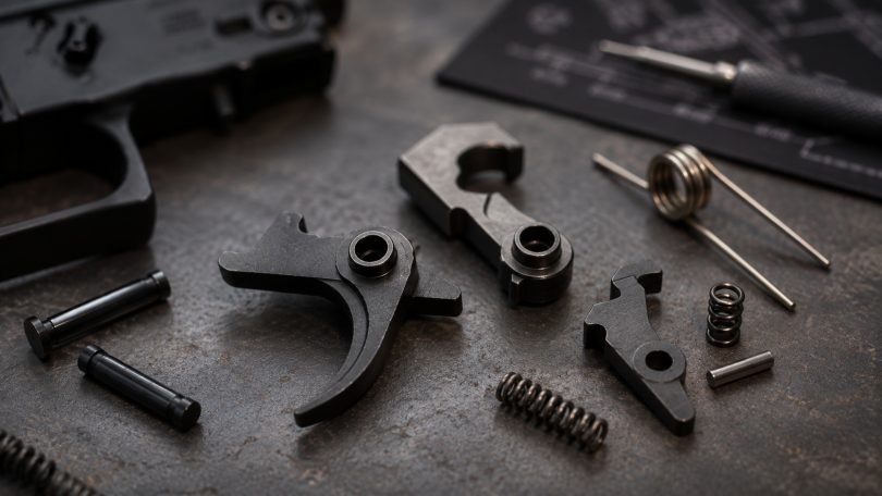 AR-15 fire control group components including trigger, hammer, disconnector, springs, and pins