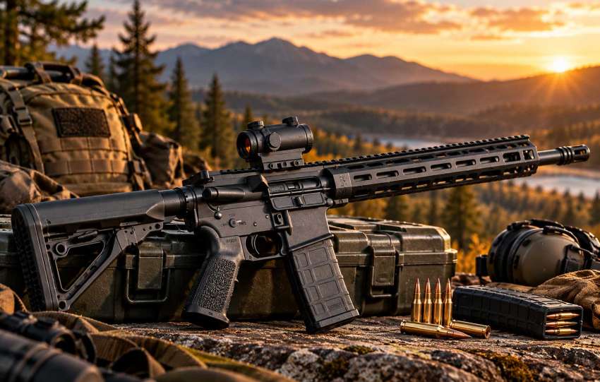 Black AR-15 rifle with red dot optic resting on a rifle case at an outdoor shooting range during sunset