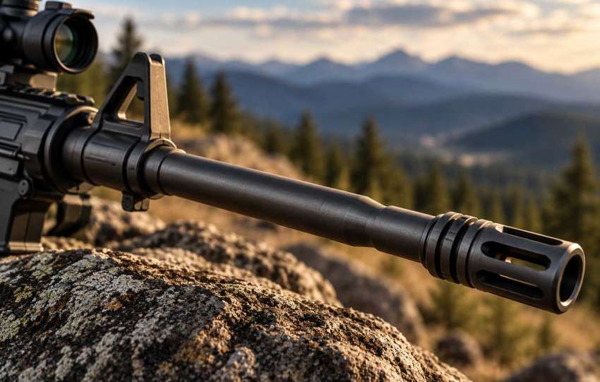 Close-up of an exposed AR-15 barrel with front sight and muzzle device against a mountain landscape.